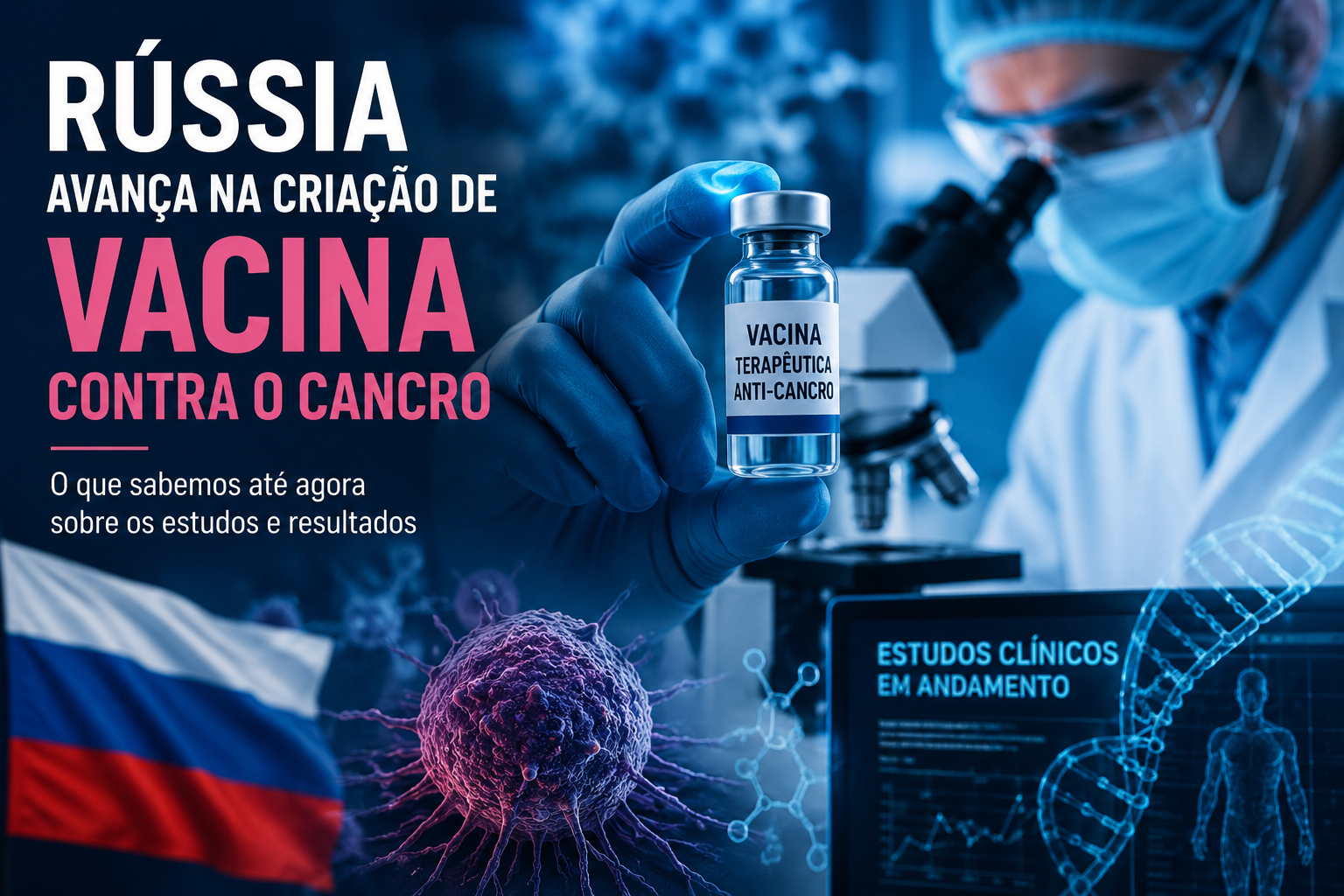 A Rússia descobriu mesmo uma vacina contra o cancro? O que sabemos até agora Mulher num ambiente de laboratório a analisar algo pelo microscópio