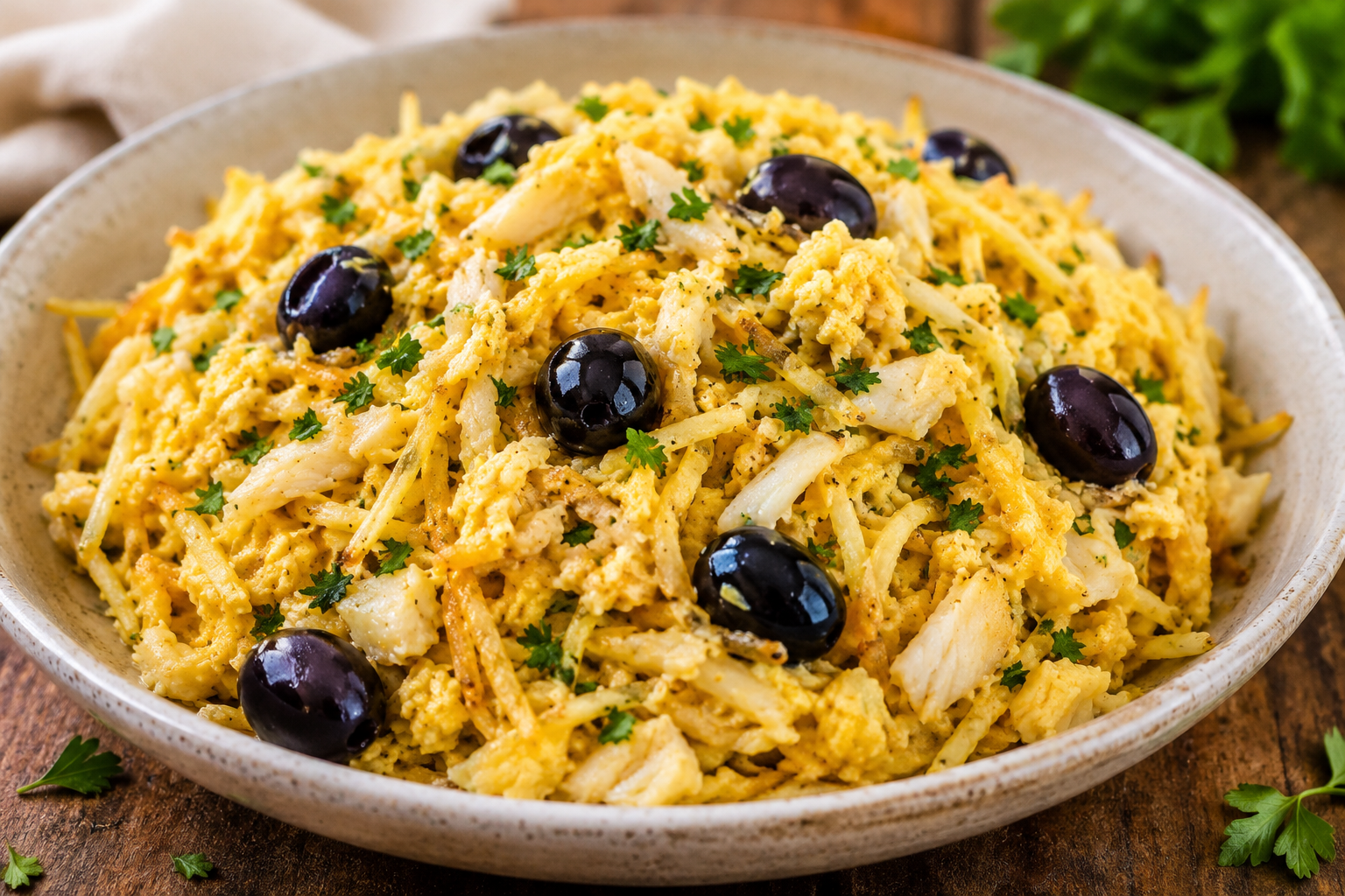 Bacalhau à Brás: O Clássico Português Que Nunca Sai de Moda Prato de Bacalhau á Brás visto de perto