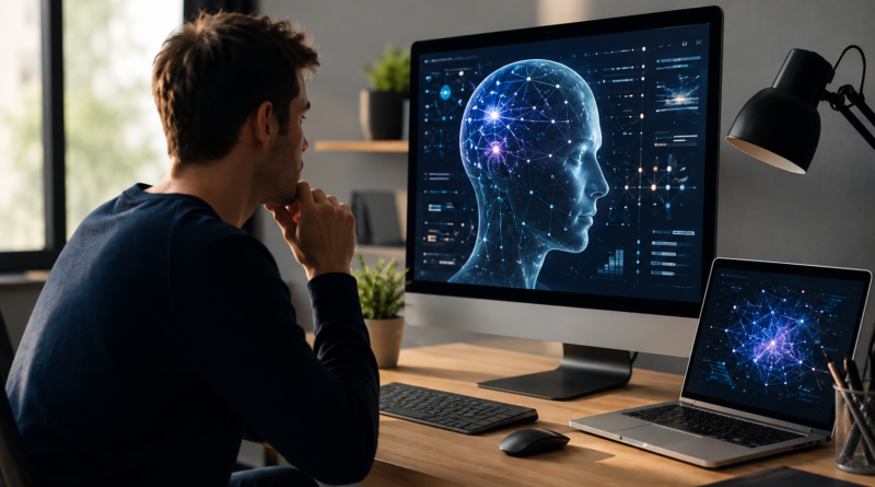 Homem na secretaria de casa a olhar para o desktop