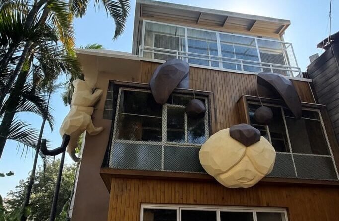 Edifício com uma cara de cachorro em 3d na entrada