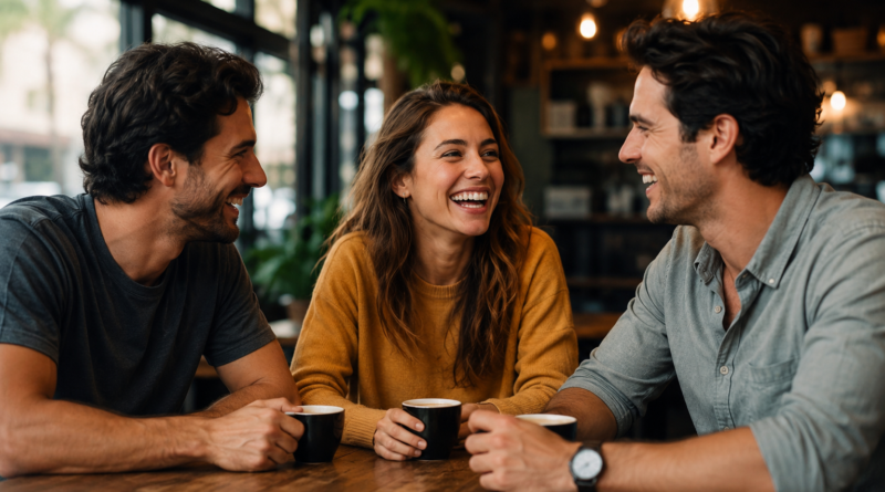 Três amigos sentados numa mesa de um bar a beber café