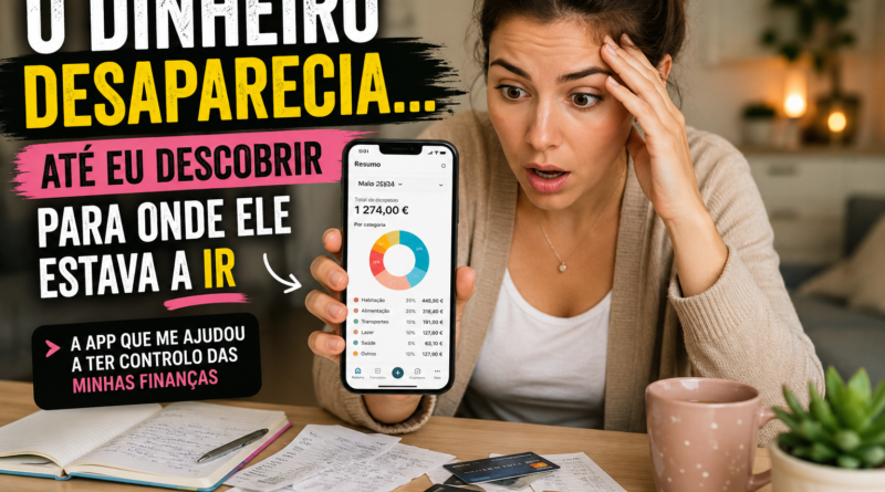 Mulher com cara de assustada, mostrando as finanças dela no telemóvel