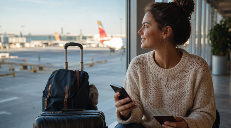 Mulher sentada no aeroporto a olhar para os aviões