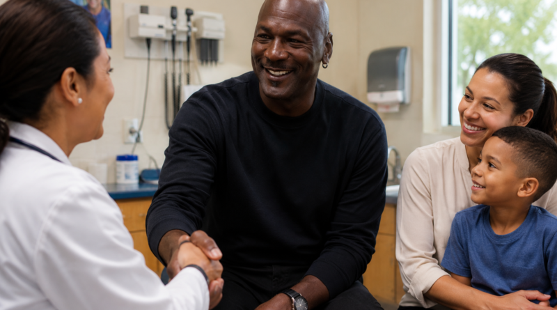 Michael Jordan sentado num consultório médico com mais duas pessoas