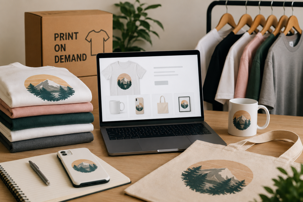  Imagem com um computador e encomendas de t-shirts ao lado

