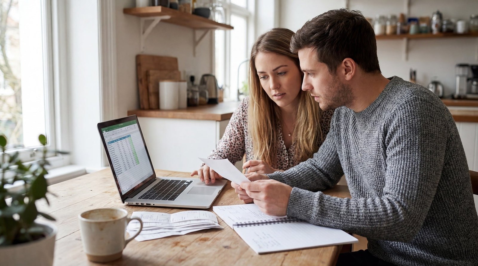7 Hábitos Simples Que Me Ajudaram a Poupar Mais Dinheiro Sem Sofrimento Casal sentado á mesa a analisar as suas despesas