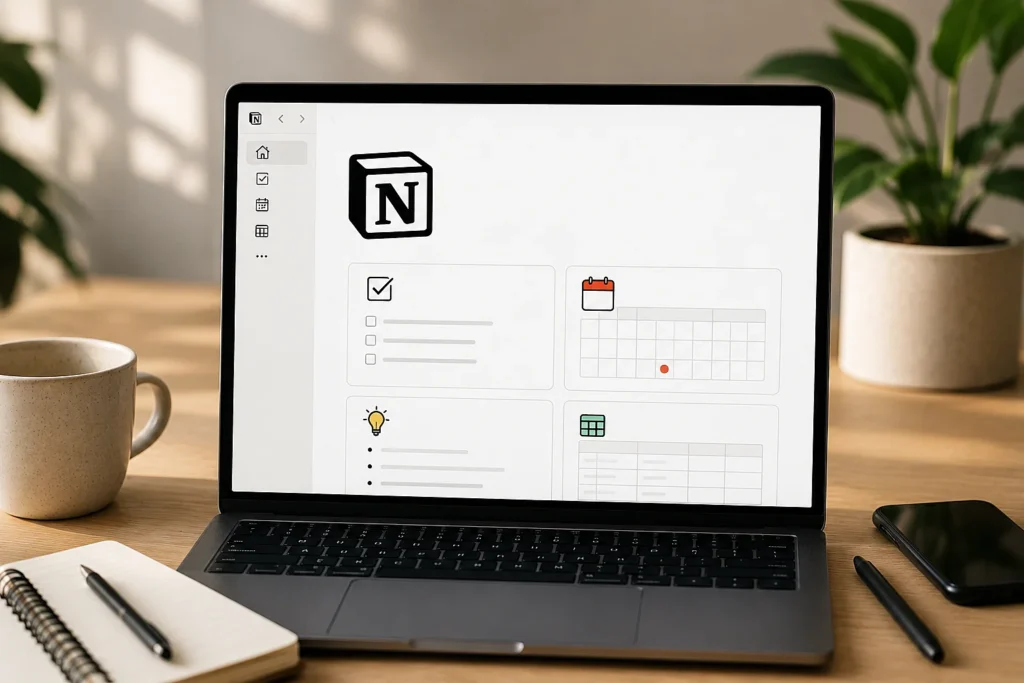Computador em cima da mesa com o notion aberto, com telemóvel, bloco de notas e caneta ao lado