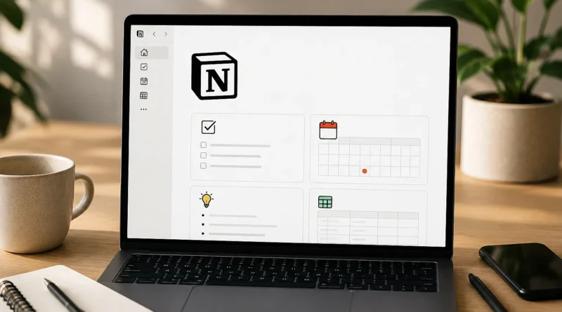 Computador em cima da mesa, com telemóvel, bloco de notas e caneta ao lado