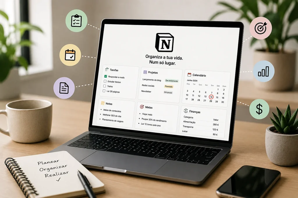 Computador com o notion aberto para varias soluções de organização