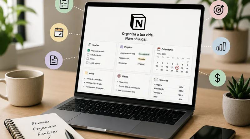 Computador com o notion aberto para varias soluções de organização
